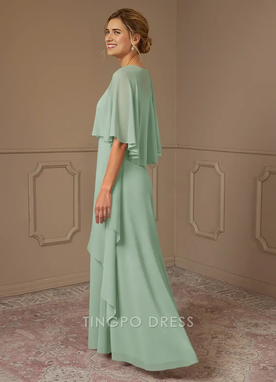 TingPo Wholesale Elegant Mother of the Bride Dresses Agave A-Line Cheap Sleeveless Chiffon Dress hot sale for ladies